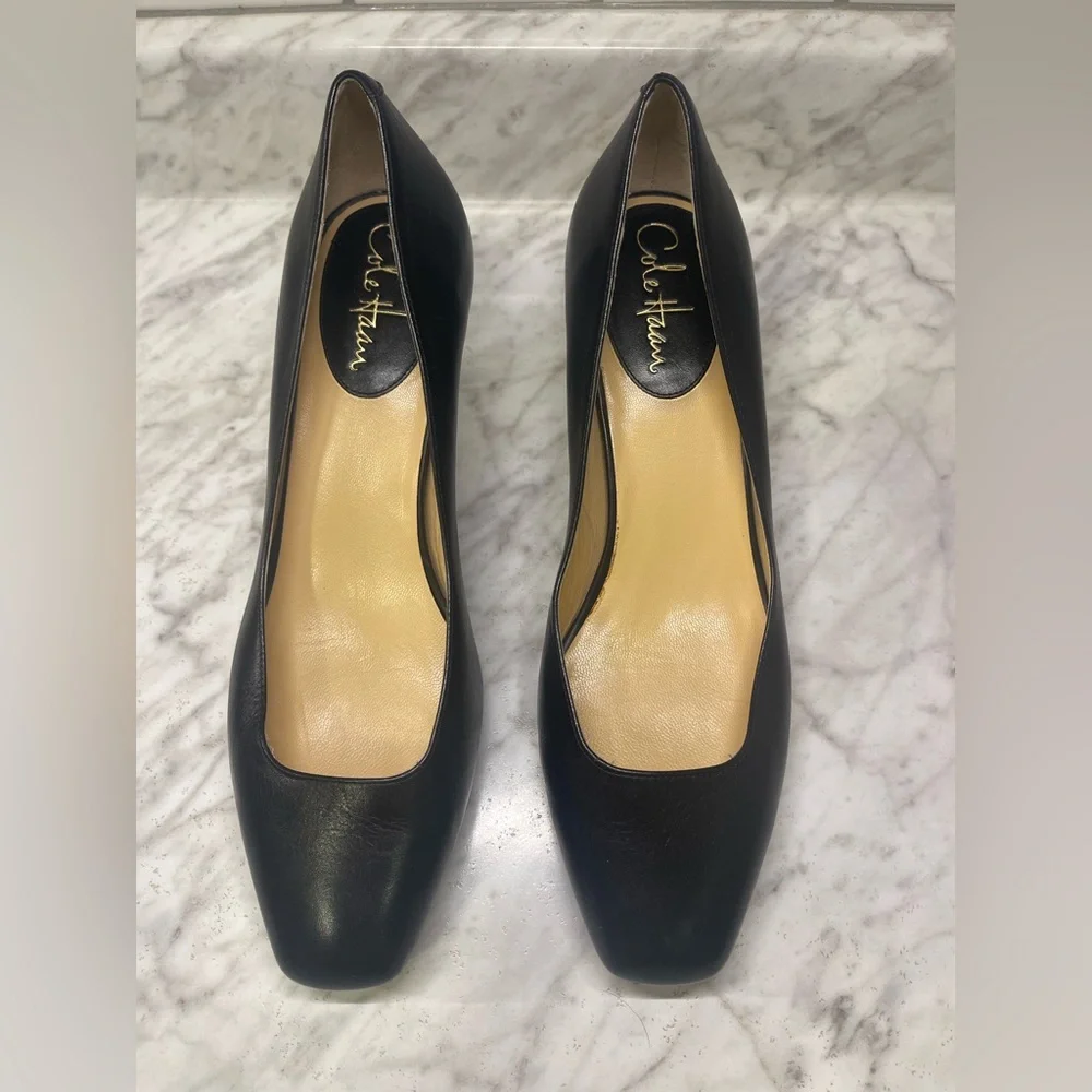 Cole Haan Square Toe Black pump heels, approx. 2 1/2 in heel, size 9 1/2 B - Picture 2 of 8